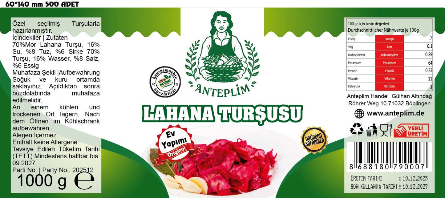 Hausgemachter Eingelegter Rotkohl (Mor Lahana Turşusu) 1 kg im Glas – 100 % Natürlich & Authentisch | Anteplim