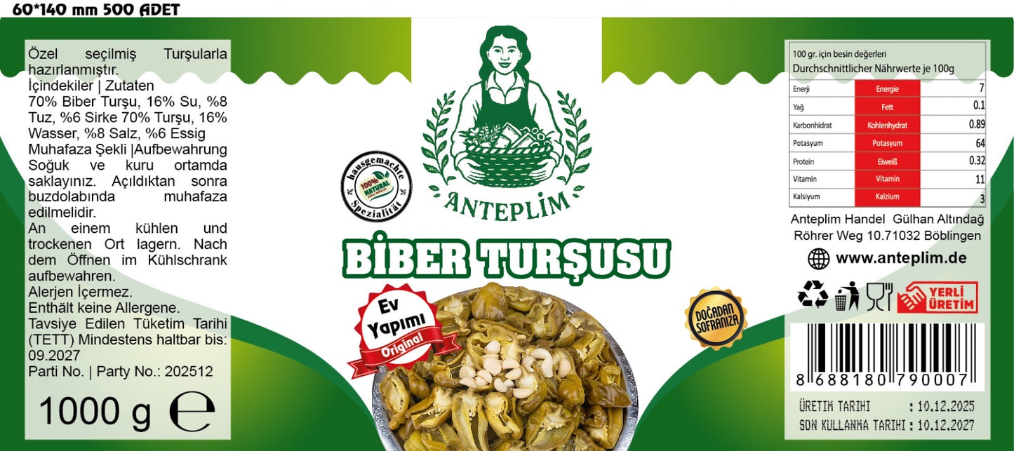 Hausgemachte Eingelegte Topalak-Paprika (Topalak Biber Turşusu) 1 kg im Glas – 100 % Natürlich & Authentisch | Anteplim