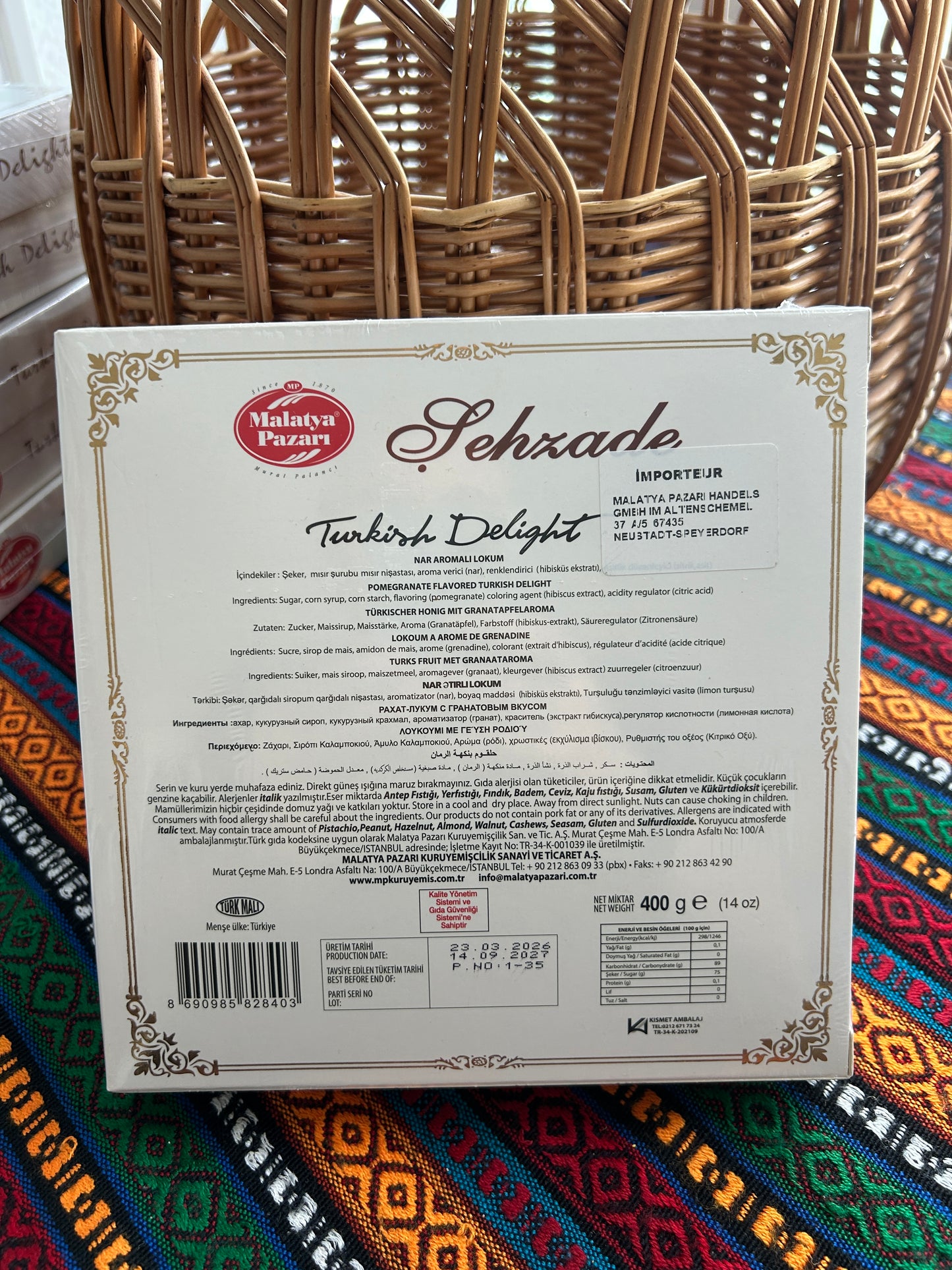 Back of the Malatya Pazarı pomegranate Turkish Delight box showing ingredients and nutritional information