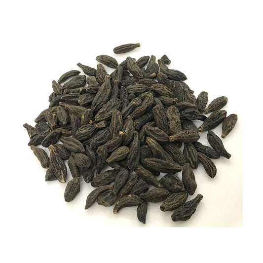 Dark elongated and ridged Black Myrobalan fruits arranged on a white background