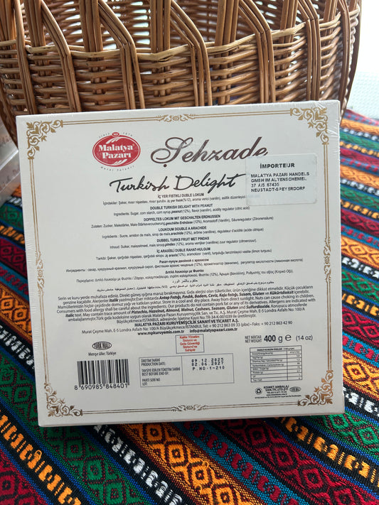 Back of the Malatya Pazarı 400 g Turkish Delight box showing ingredients, nutrition information and barcode
