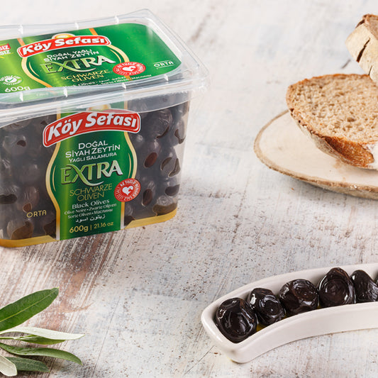 Köy Sefası Extra Natural Black Sele Olives in Oil Brine 600 g plastic tub