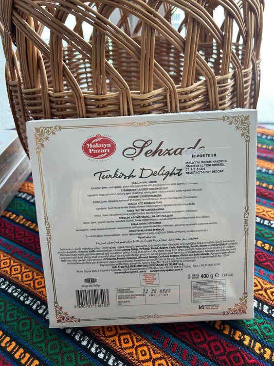 Back of the Malatya Pazarı 400 g Turkish Delight box with ingredients, nutrition information and barcode