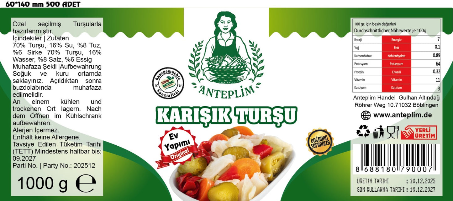 Hausgemachtes Gemischtes Eingelegtes Gemüse (Karışık Turşu) 1 kg im Glas – 100 % Natürlich & Authentisch | Anteplim