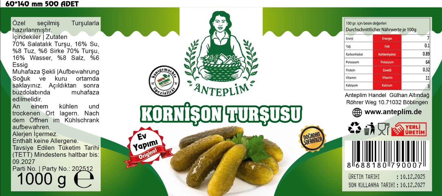 Hausgemachte Eingelegte Cornichons (Kornişon Salatalık Turşusu) 1 kg im Glas – 100 % Natürlich & Authentisch | Anteplim