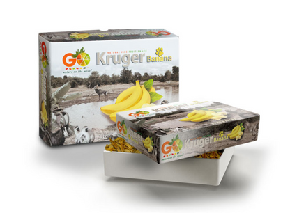 GO Kruger Banana packaging with banana graphics, an open tray and visible dried banana slices