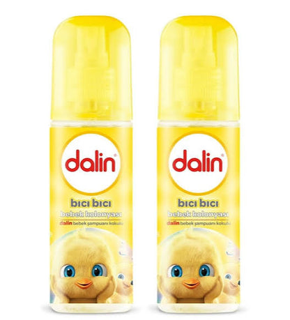 Küçük civciv görselli iki sarı Dalin Bıcı Bıcı Bebek Kolonyası 150 ml sprey şişesi
