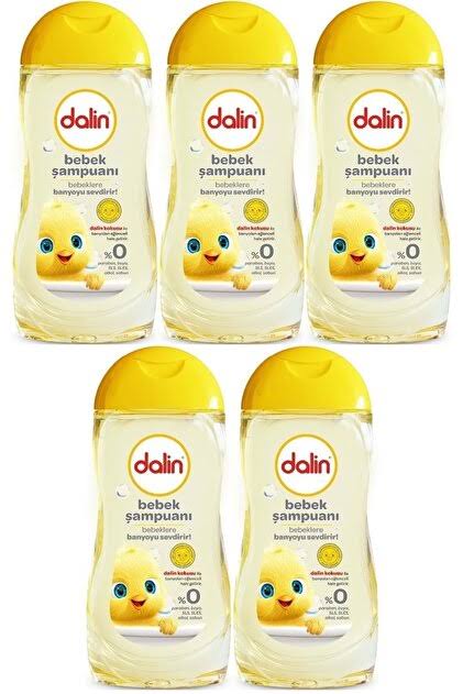 Five bottles of Dalin Baby Shampoo 200 ml with yellow caps and chick design