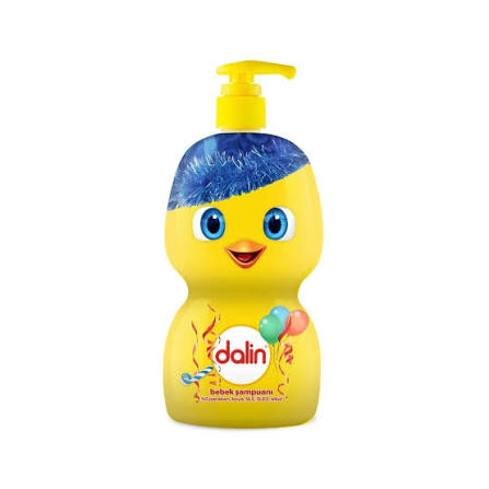 Yellow Dalin chick-shaped baby shampoo bottle with blue hair, balloons and pump dispenser, 500 ml