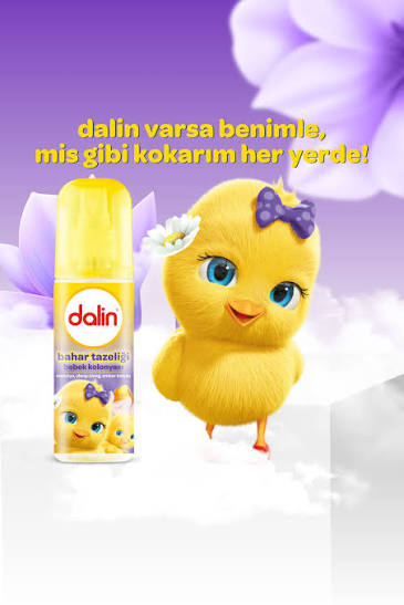 Dalin Spring Freshness Baby Cologne 150 ml with chick mascot against a purple floral background