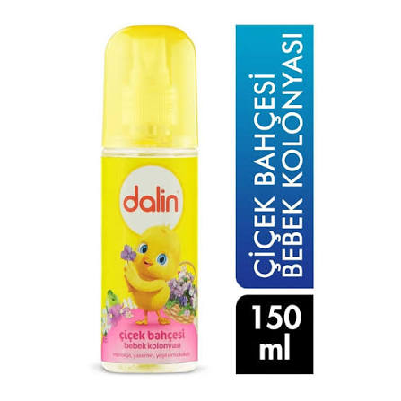 Sarı-pembe etiketli ve sprey başlıklı altı Dalin Çiçek Bahçesi Bebek Kolonyası şişesi