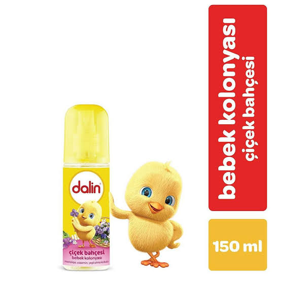 Sechs Flaschen Dalin Baby-Kölnisch Wasser Blumengarten mit gelb-rosa Etikett und Sprühkopf