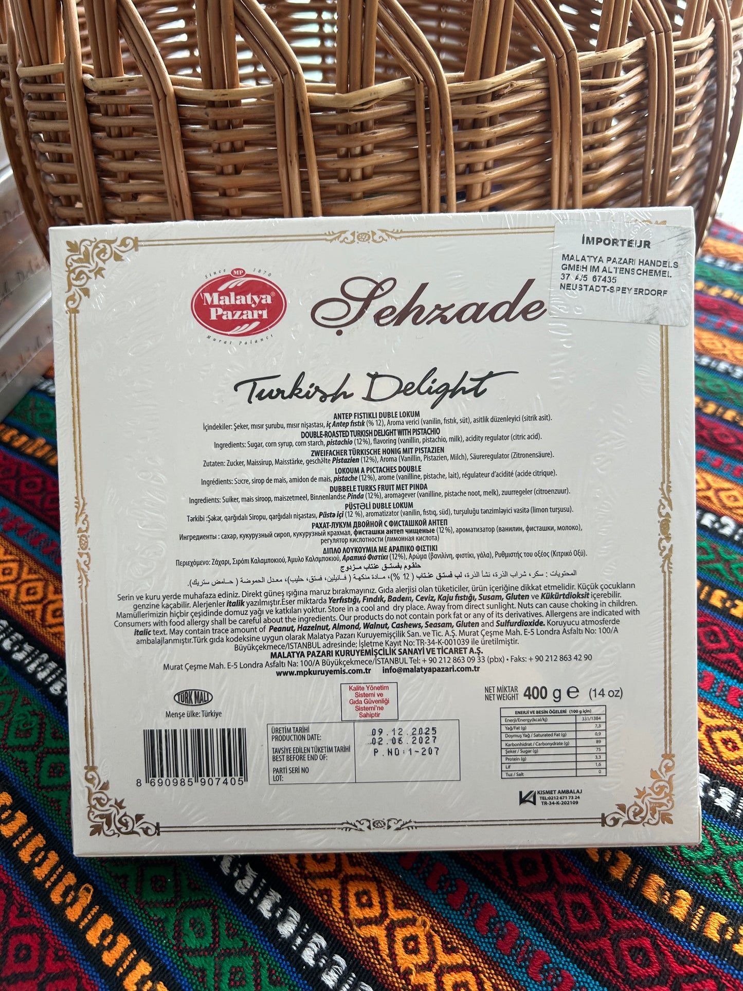 Back of the Malatya Pazarı pistachio Duble Lokum box showing ingredients and nutritional information
