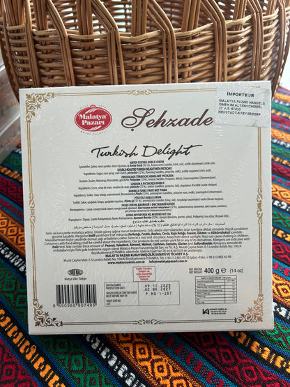 Back of the Malatya Pazarı pistachio Duble Lokum box showing ingredients and nutritional information