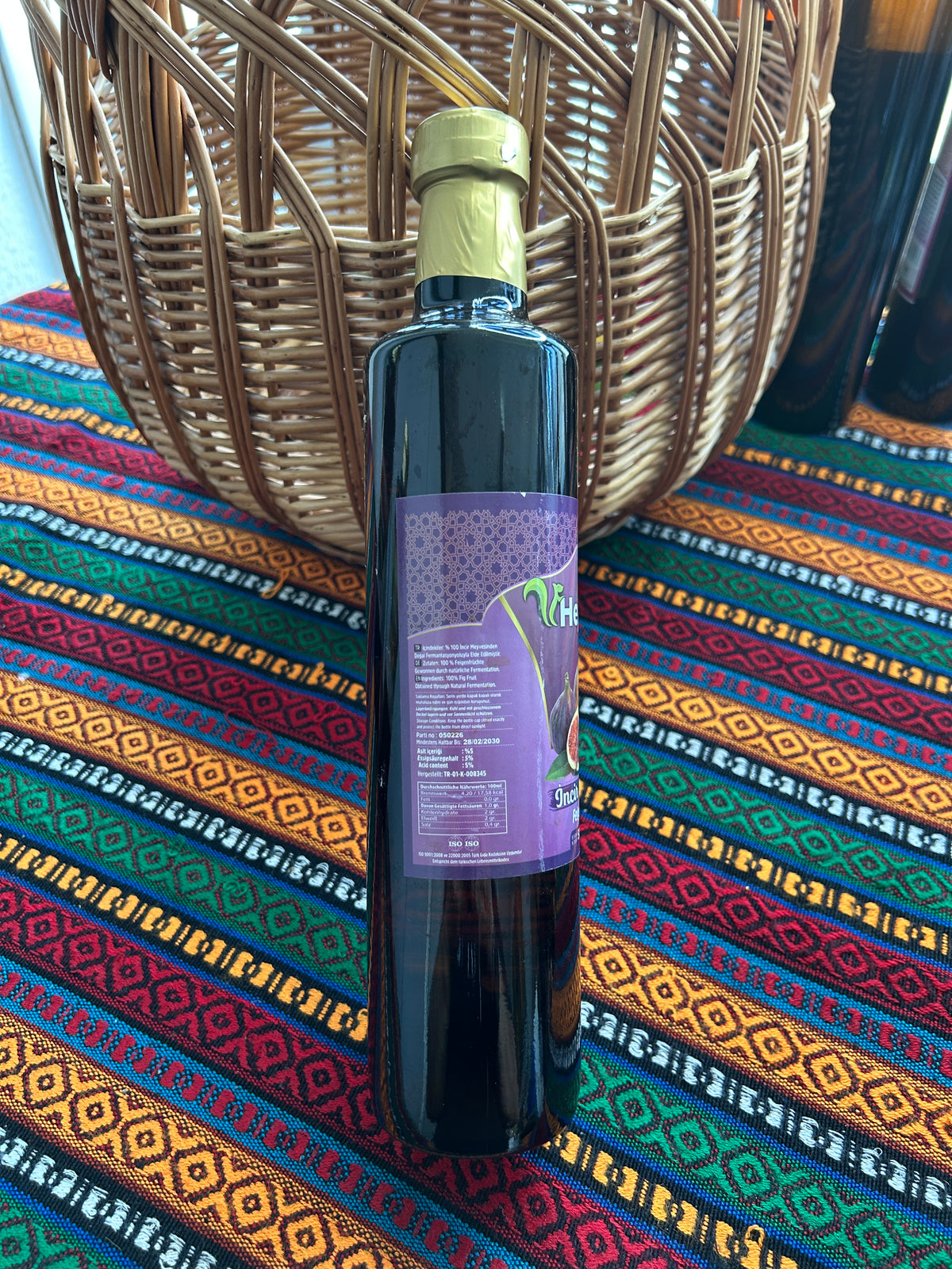Dark Fig Vinegar bottle showing ingredients, acidity and product information