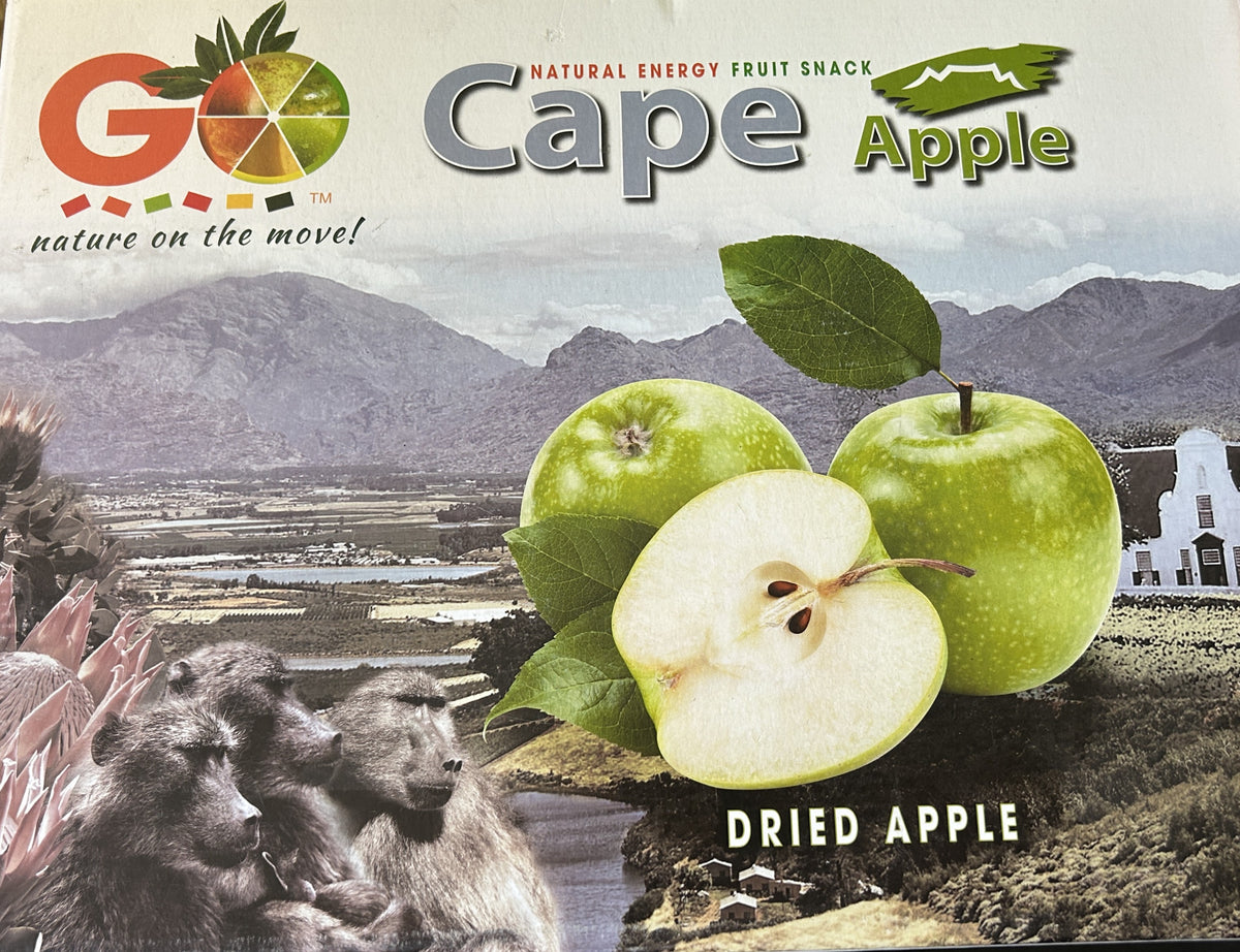GO Cape Apple Dried Apple packaging artwork with green apples and a landscape scene