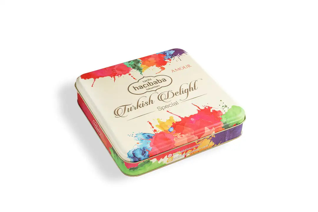 Closed Hacıbaba Turkish Delight metal tin with colourful design