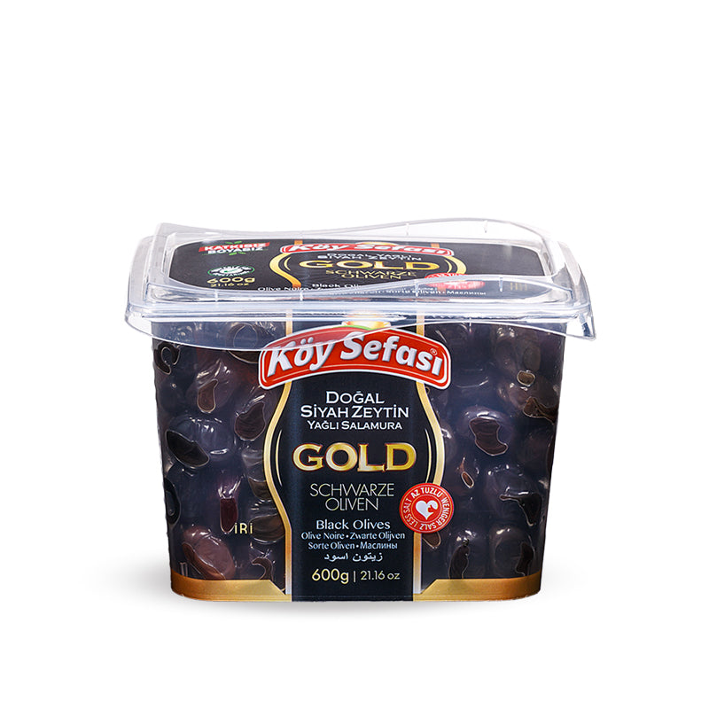 Köy Sefası Gold large black olives with stones in a transparent 600 g container with front label