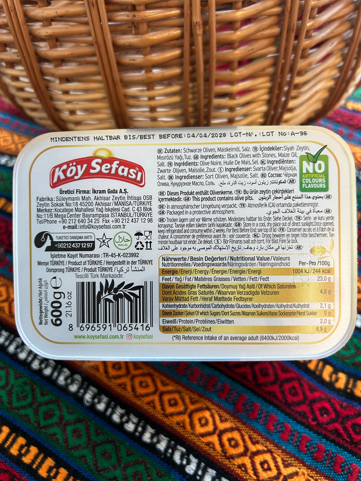 Köy Sefası Gold black olives pack showing ingredients, nutrition information and 600 g net weight