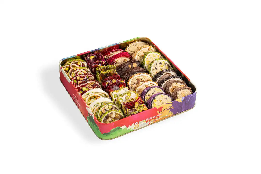 Open Amour metal tin filled with a mixed assortment of colourful Turkish Delight pieces