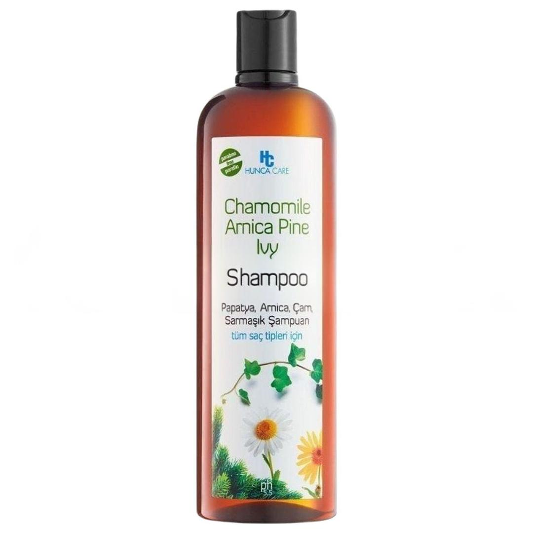 Brown bottle of Hunca Care Shampoo 675 ml with chamomile, arnica, pine and ivy shown on the label