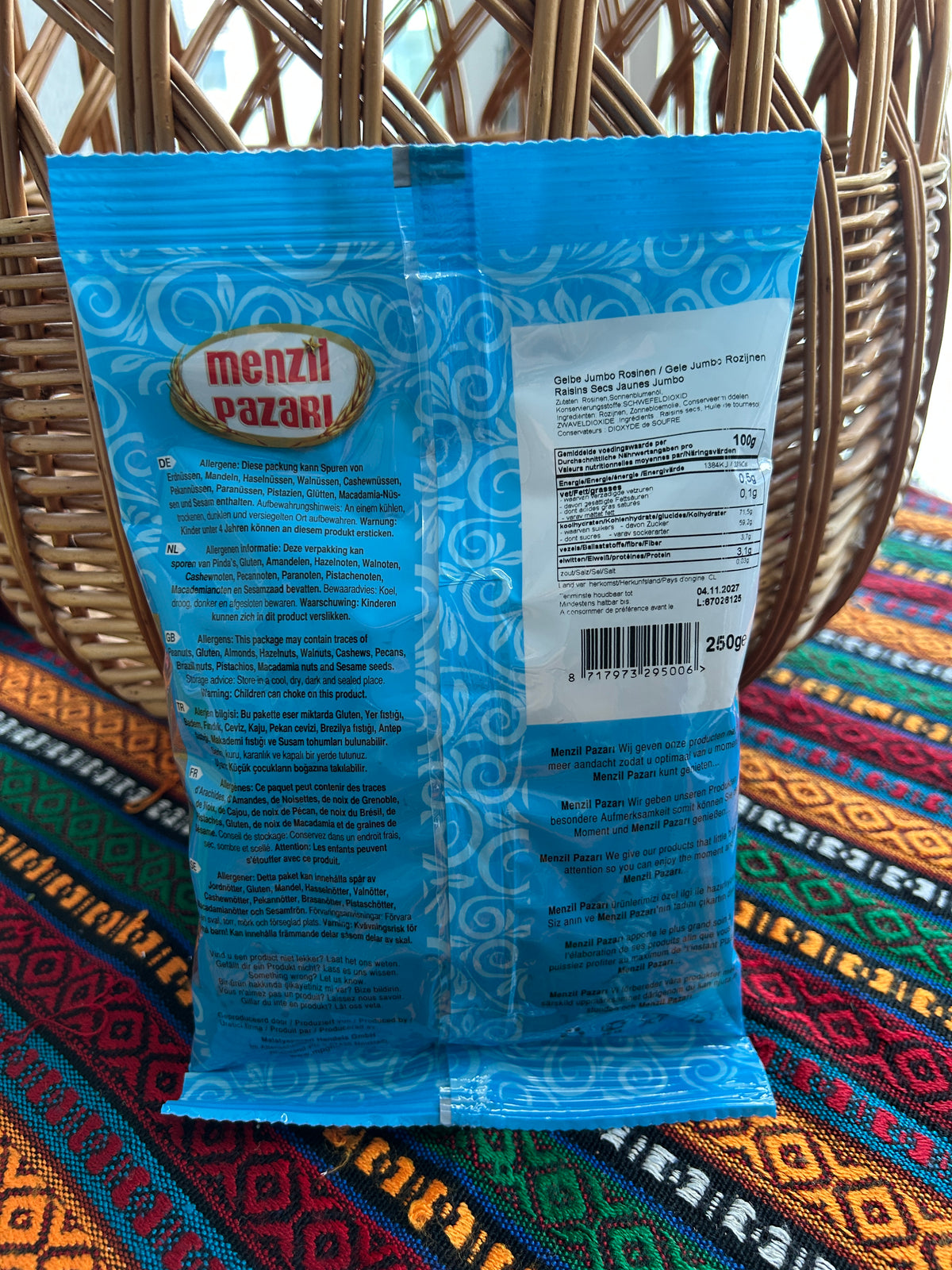 Back of Menzil Pazarı raisin bag showing ingredients, allergens and nutritional values