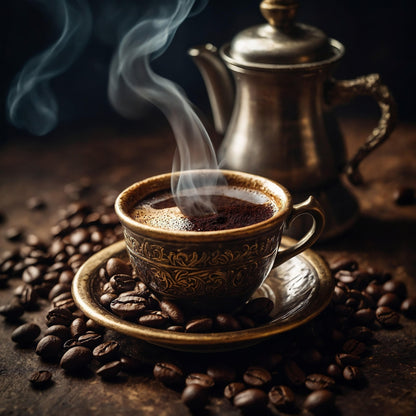 Steaming Turkish coffee cup surrounded by coffee beans with a metal pot in the background