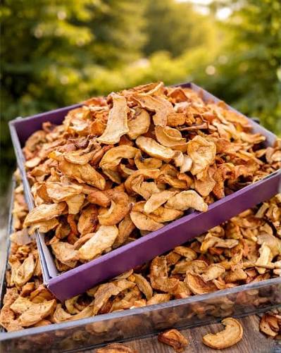 Light brown dried apple pieces piled in and around an open container