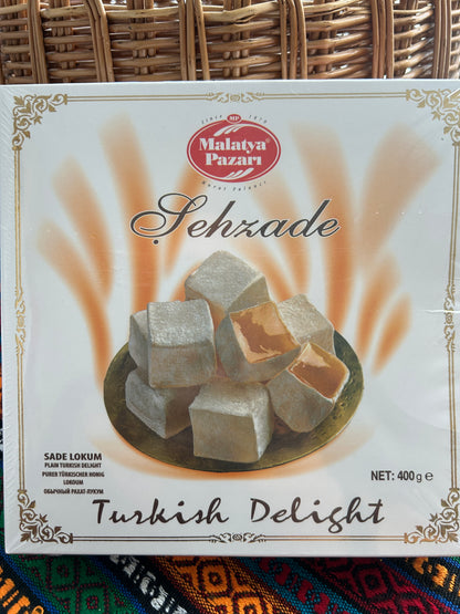 Malatya Pazarı Şehzade Plain Turkish Delight 400 g in a white and gold box