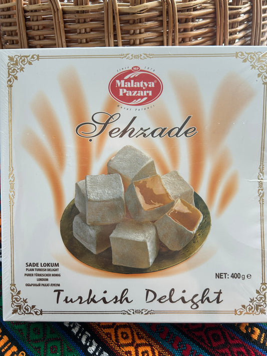 Malatya Pazarı Şehzade Plain Turkish Delight 400 g in a white and gold box