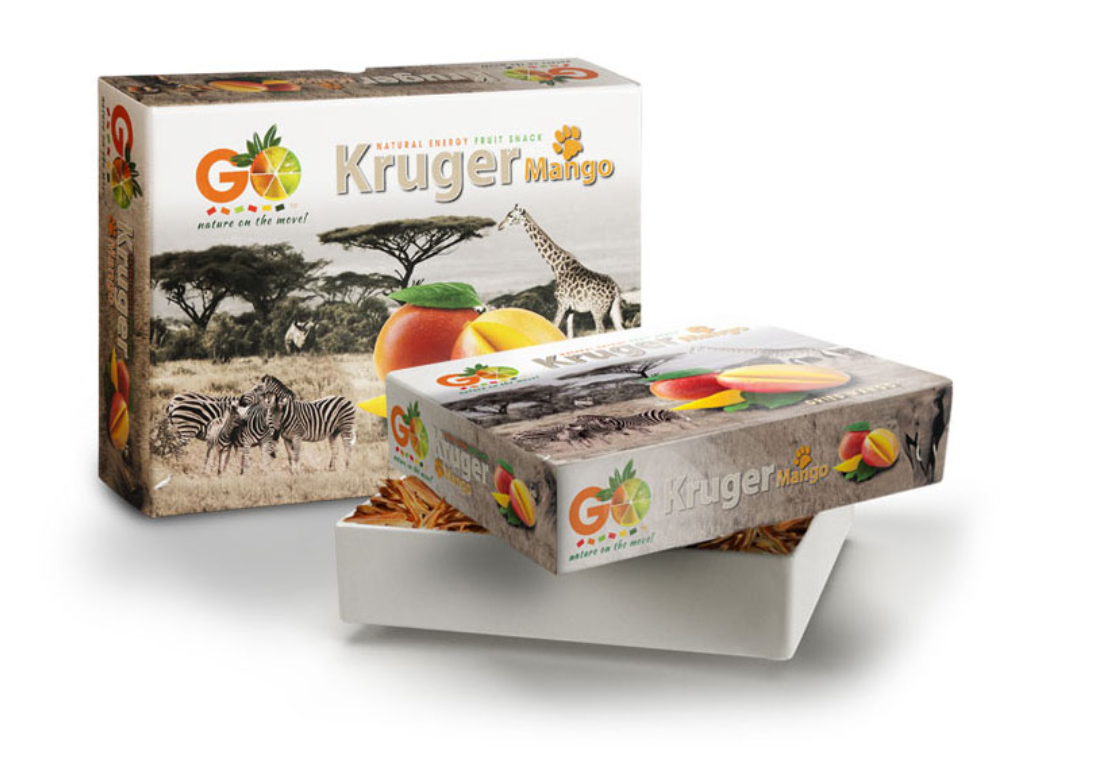 GO Kruger Mango safari-design packaging with an open box showing dried mango pieces