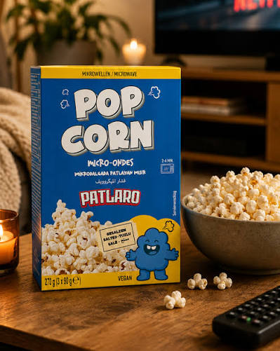 Blue box of Patlaro Salted Microwave Popcorn 270 g containing three 90 g bags