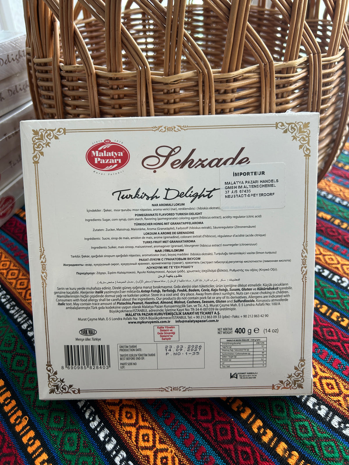 Back of the Malatya Pazarı pomegranate Turkish Delight box showing ingredients and nutritional information
