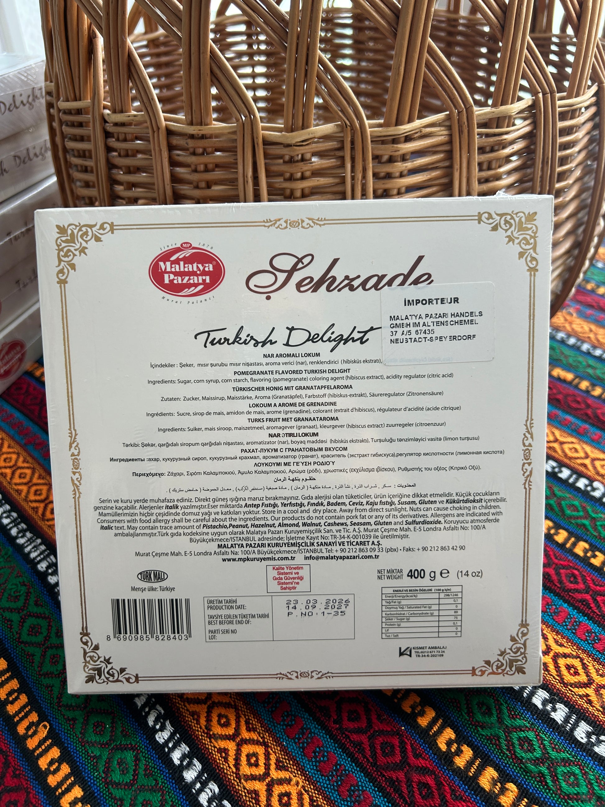 Back of the Malatya Pazarı pomegranate Turkish Delight box showing ingredients and nutritional information
