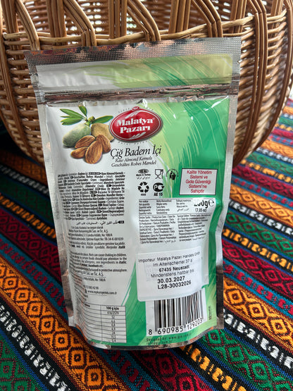 Back of the raw almond package showing ingredients, nutrition and storage information