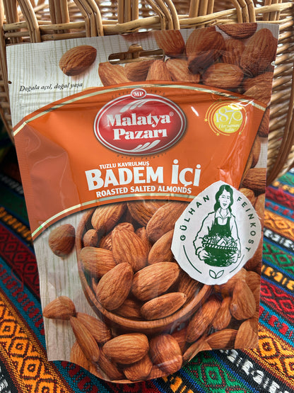 Malatya Pazarı roasted salted almonds 180 g in orange packaging