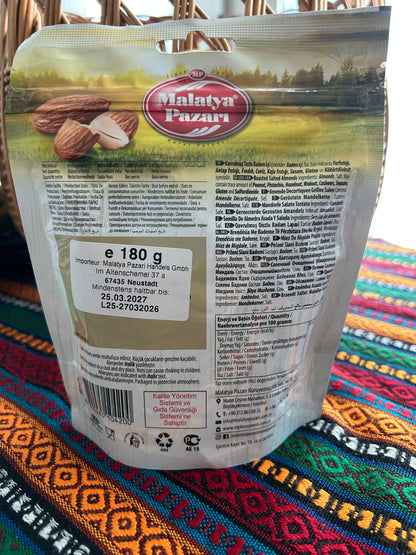 Back of the roasted almond package showing ingredients and allergen information