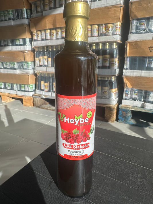 Rose Vinegar 500 ml in a dark bottle with red rose label and gold-coloured cap