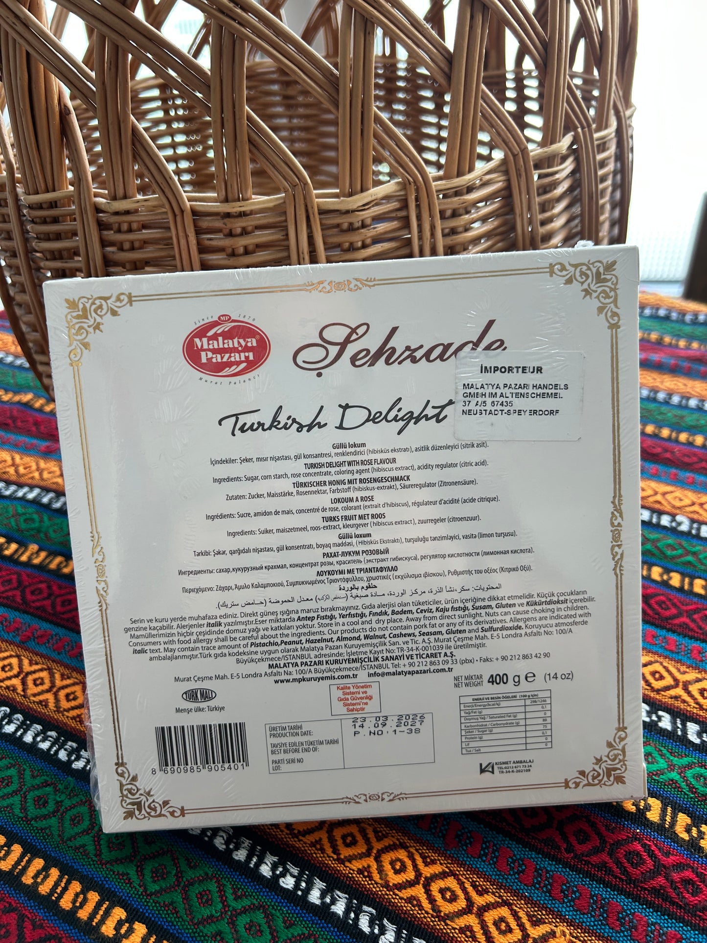 Back of the Malatya Pazarı 400 g Turkish Delight box with ingredients, nutrition information and barcode