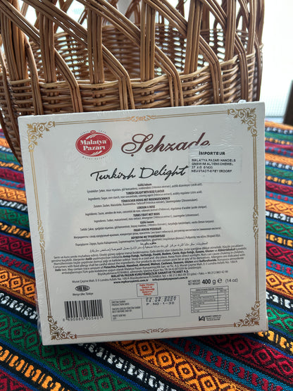 Back of the Malatya Pazarı 400 g Turkish Delight box with ingredients, nutrition information and barcode