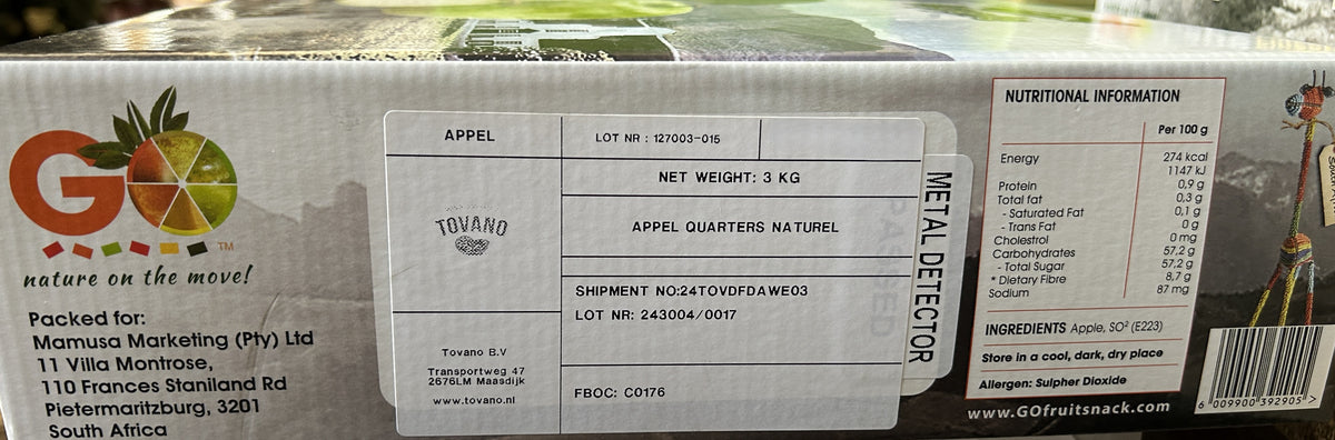 Side of GO Cape Apple packaging with ingredients, nutrition information and supplier label