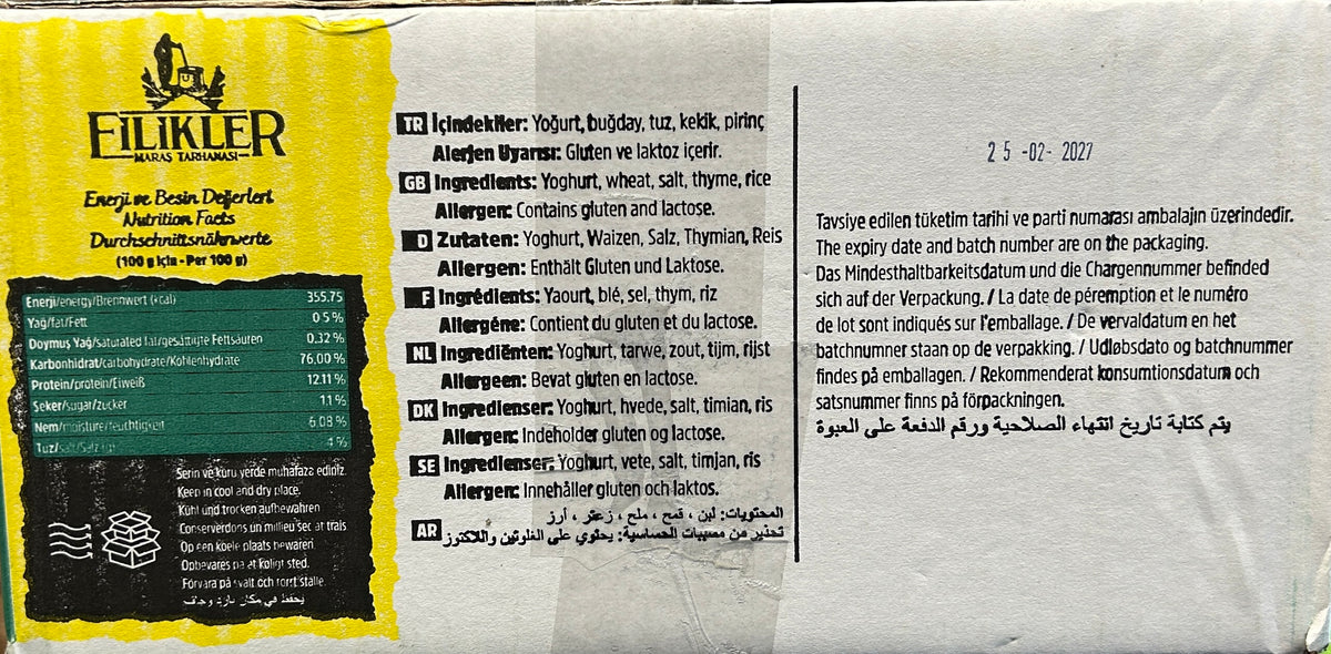Filikler Sıkma Tarhana box showing visible ingredient, allergen and nutrition information