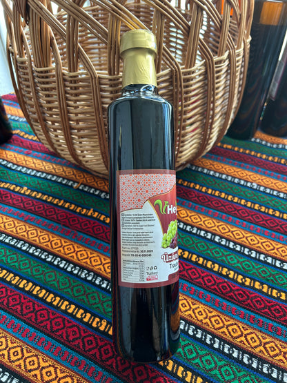 Dark Grape Vinegar bottle showing ingredients, nutritional values and gold-coloured cap