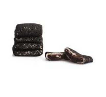 Dark rectangular Turkish Delight pieces with a granulated surface and visible light and dark interior on a white background