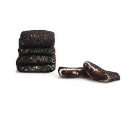 Dark rectangular Turkish Delight pieces with a granulated surface and visible light and dark interior on a white background