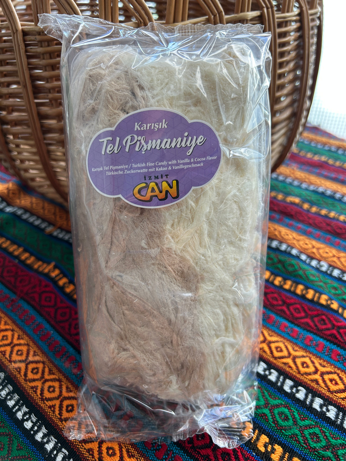 Can Pişmaniye Turkish cotton candy with cocoa and vanilla in a 250 g package