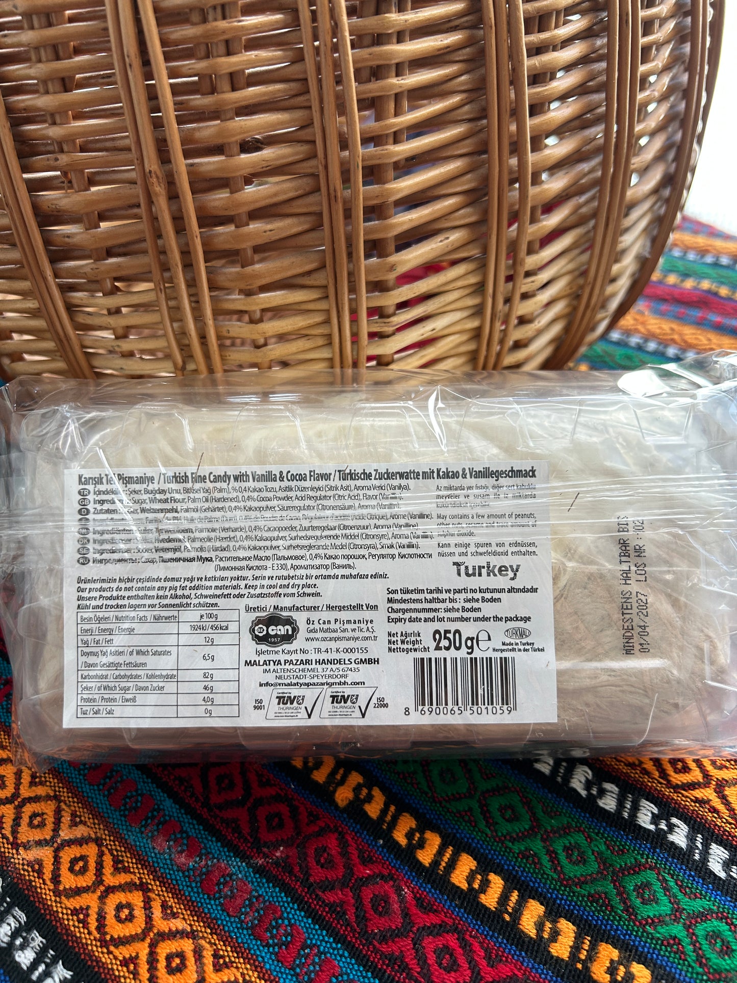 Back of the Can Pişmaniye package showing ingredients, allergens and nutritional information