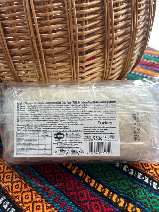 Back of the Can Pişmaniye package showing ingredients, allergens and nutritional information