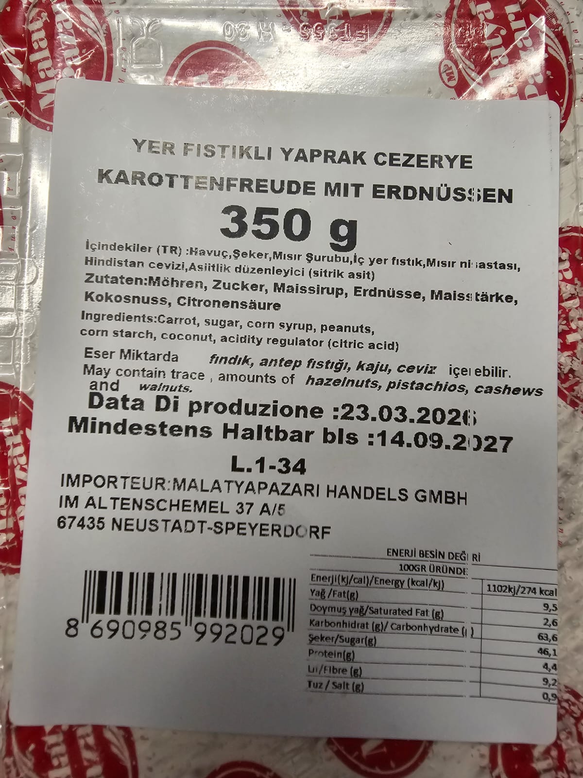 Ingredient and nutrition label on the 350 g pack of Malatya Pazarı Peanut Cezerye