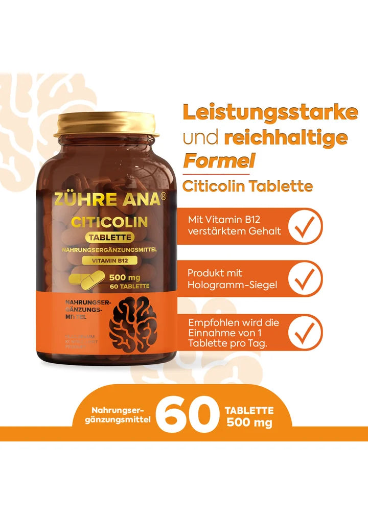 Zühre Ana Citicolin-500 mg 60 Tabletten enthalten Vitamin B12 (Sitikolin Tablet)